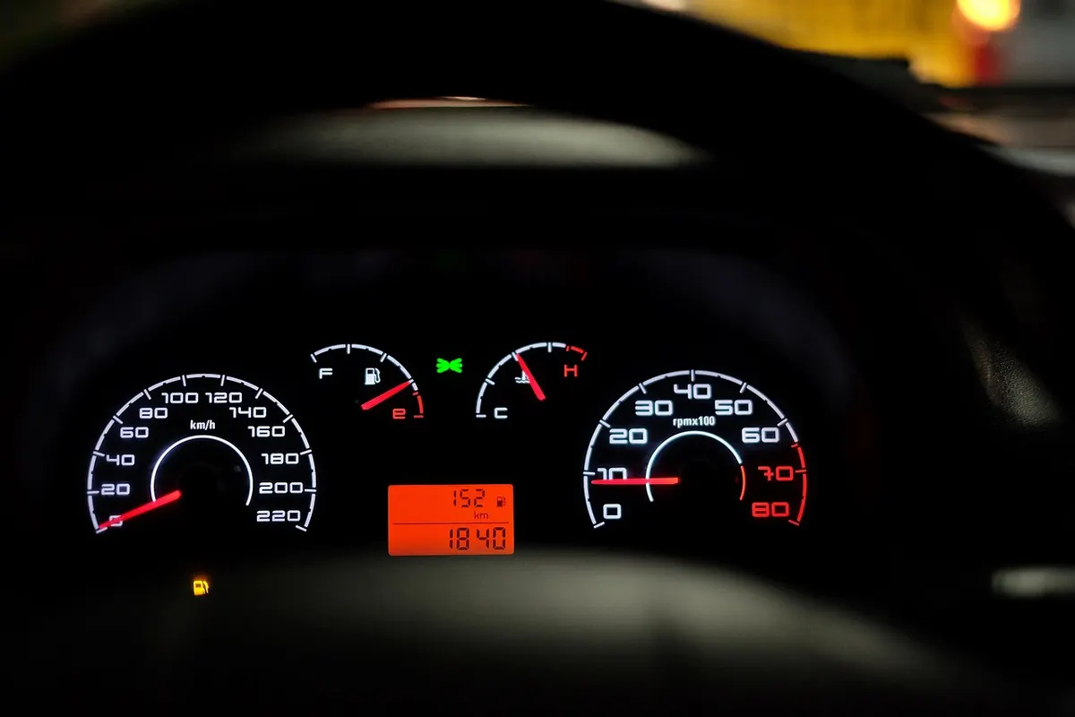 A car's lit instrument cluster at night with several dials showing speed and engine readings, like the handful of numbers Core Web Vitals use to sum up a page.