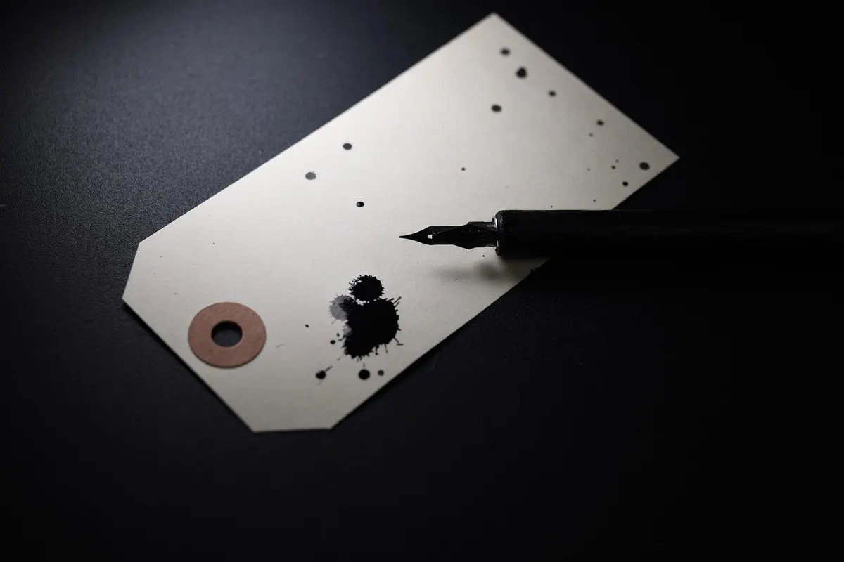A blank paper price tag with a fountain pen resting on it against a dark background, ready for a price to be written in.