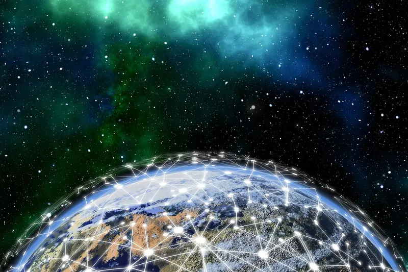 The Earth from space covered in a web of glowing network connections, showing how DNS answers spread worldwide